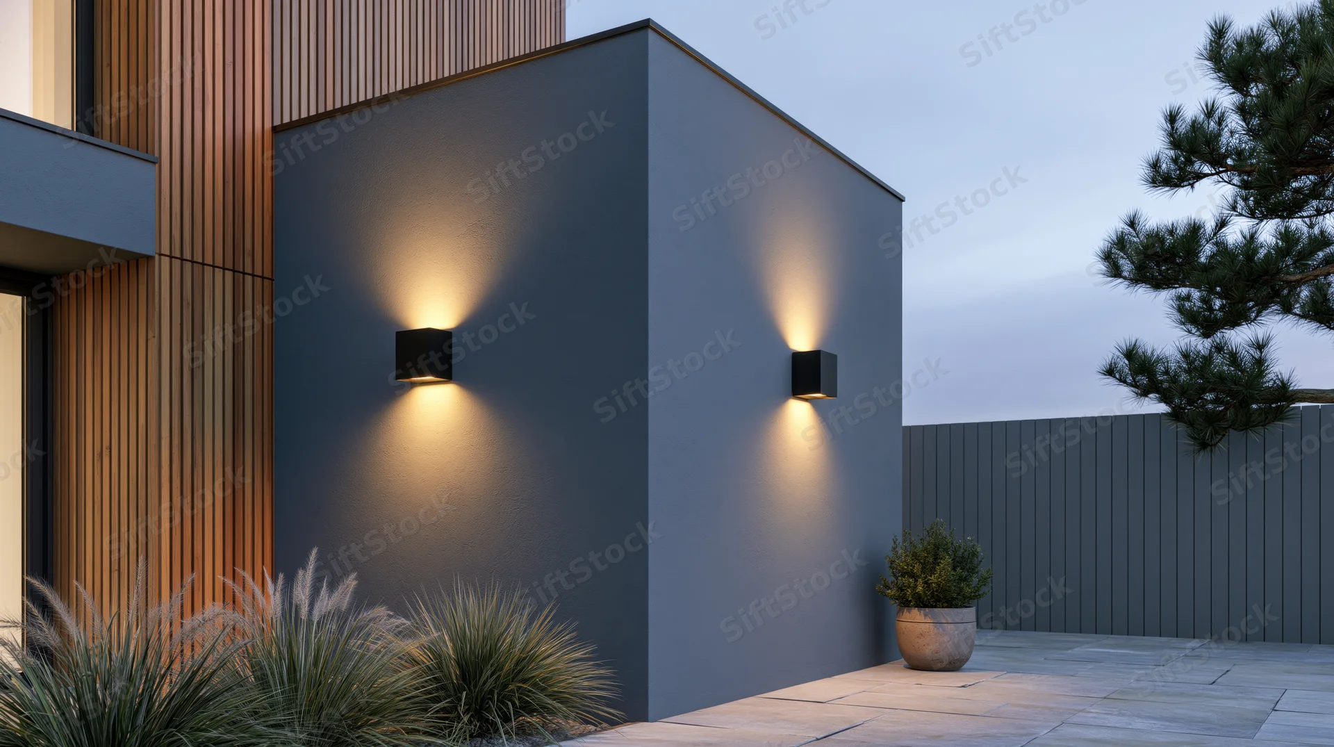 Modern house exterior with wall-mounted sconces illuminating a patio and potted plants at dusk