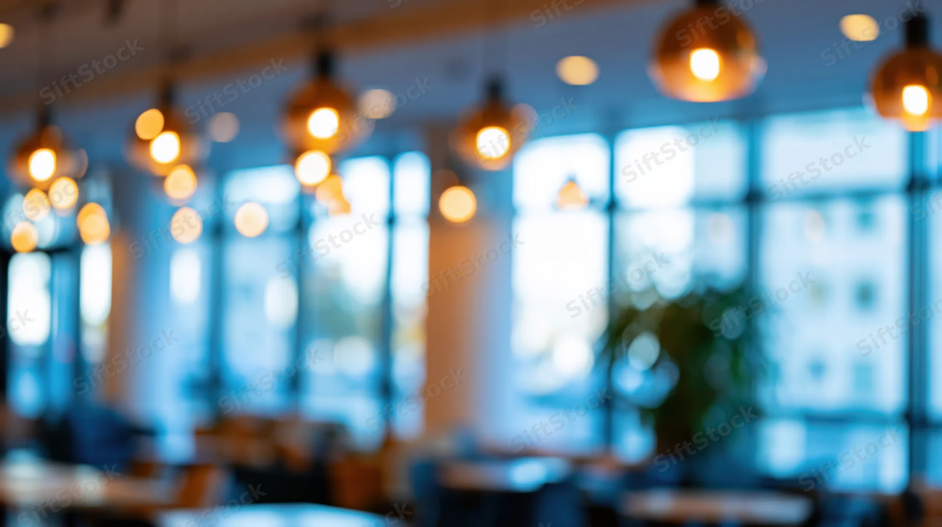 Blurred interior of a modern office or cafe with pendant lights and large windows