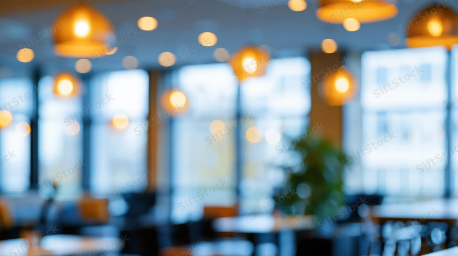 Blurred interior of a modern office space with warm pendant lights and large windows