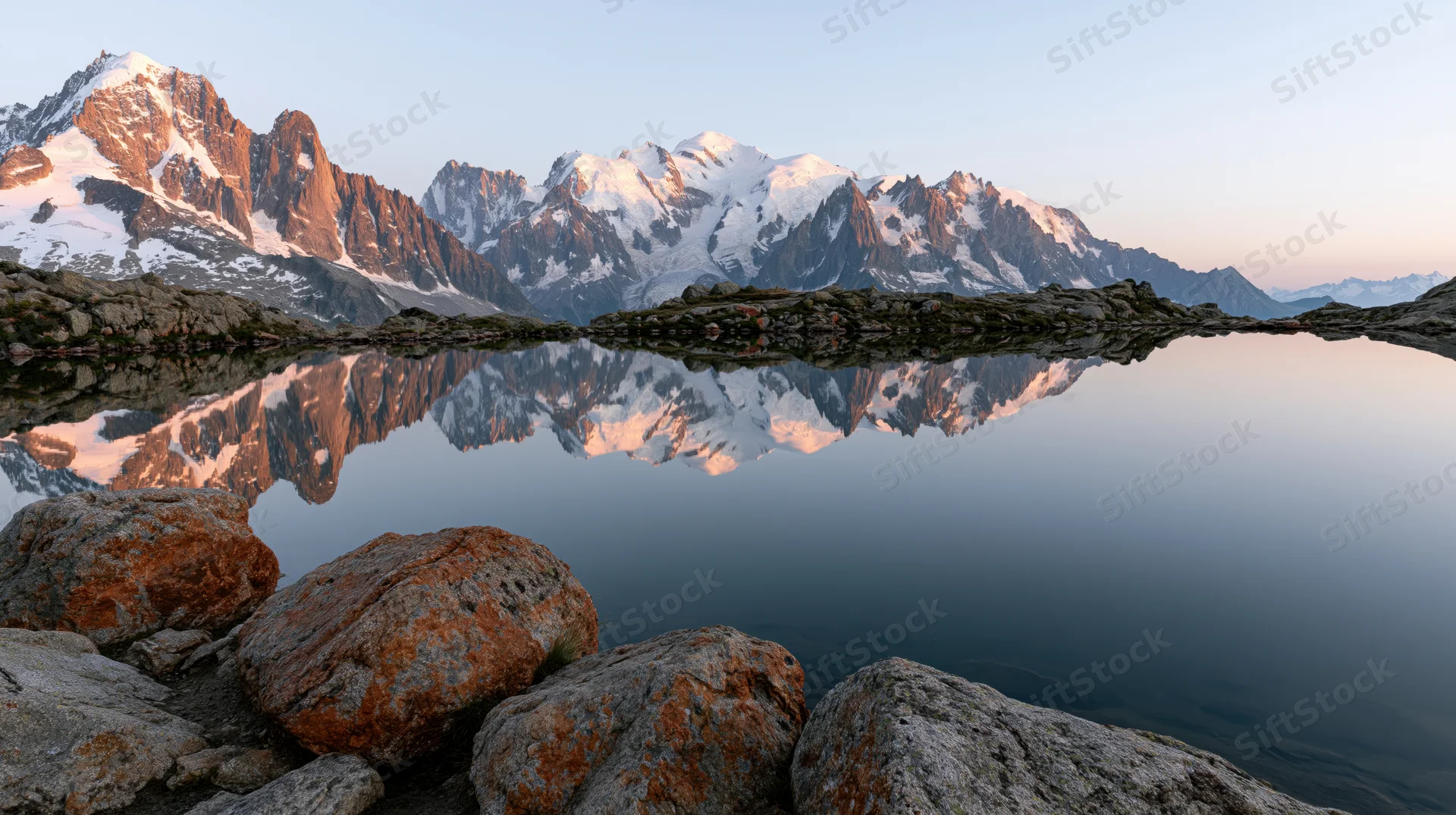 Snow-capped alpine peaks reflected in a calm mountain lake at sunrise