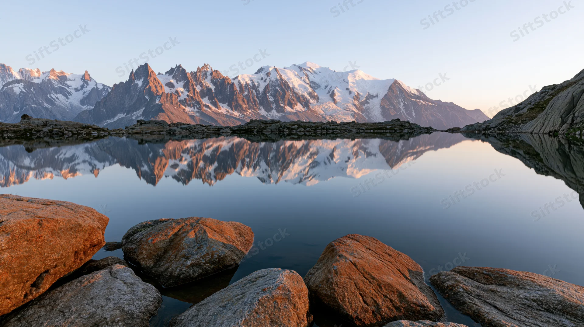 Snow-capped alpine peaks reflected in calm lake water at sunrise, surrounded by rocks and boulders