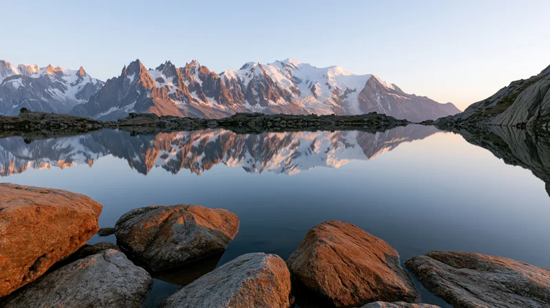 Snow-capped alpine peaks reflected in calm lake water at sunrise, surrounded by rocks and boulders