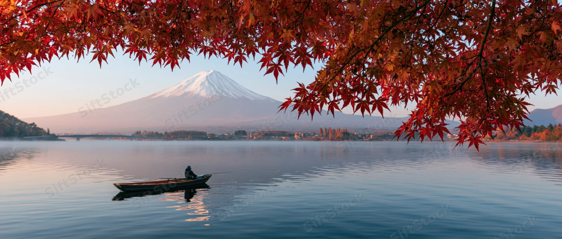 Fisherman in small boat fishing on calm lake with mount fuji in background framed by red maple leaves in autumn