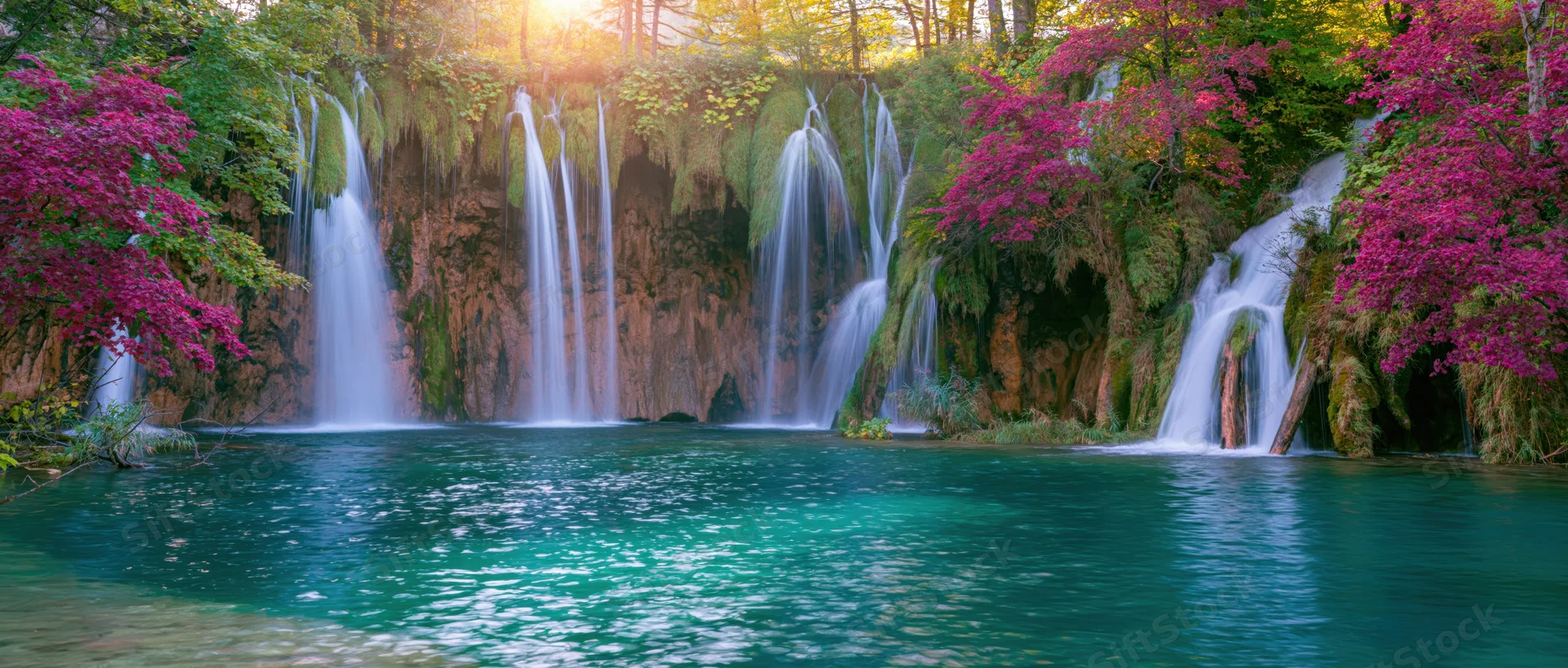 Multiple waterfalls cascading into a turquoise pool surrounded by blooming pink trees and green forest in spring