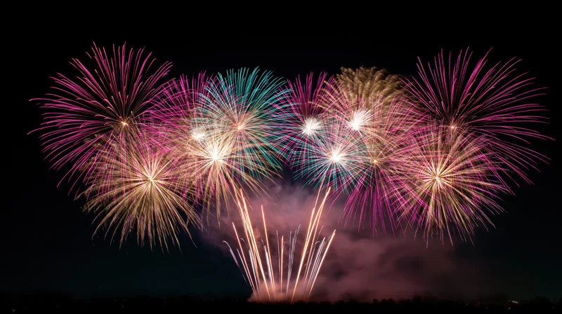Fireworks exploding in vibrant colors across the night sky during a celebration