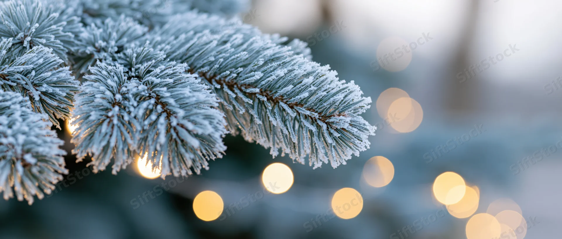 Frosted pine branch with blurred holiday lights in background