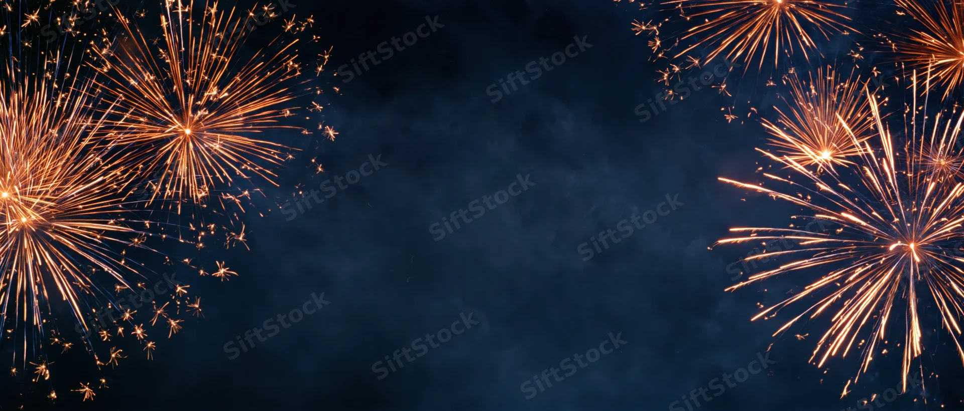Golden fireworks bursting in the night sky with smoky trails and copyspace in the center