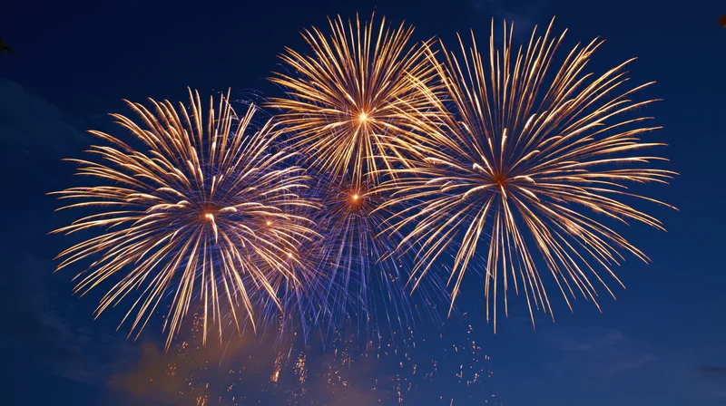 Golden fireworks bursting in the night sky during a celebration