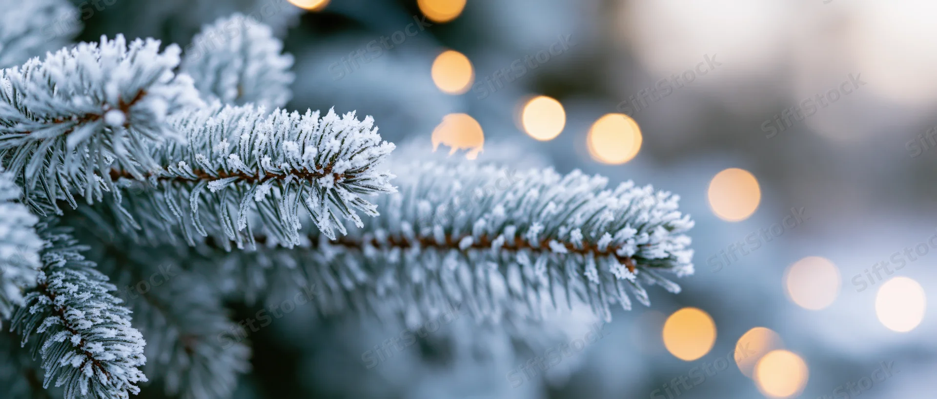 Frost-covered pine branches with blurred holiday lights in the background
