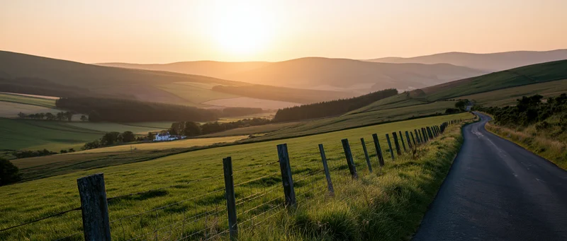 Winding asphalt road through green fields and rolling hills at sunset
