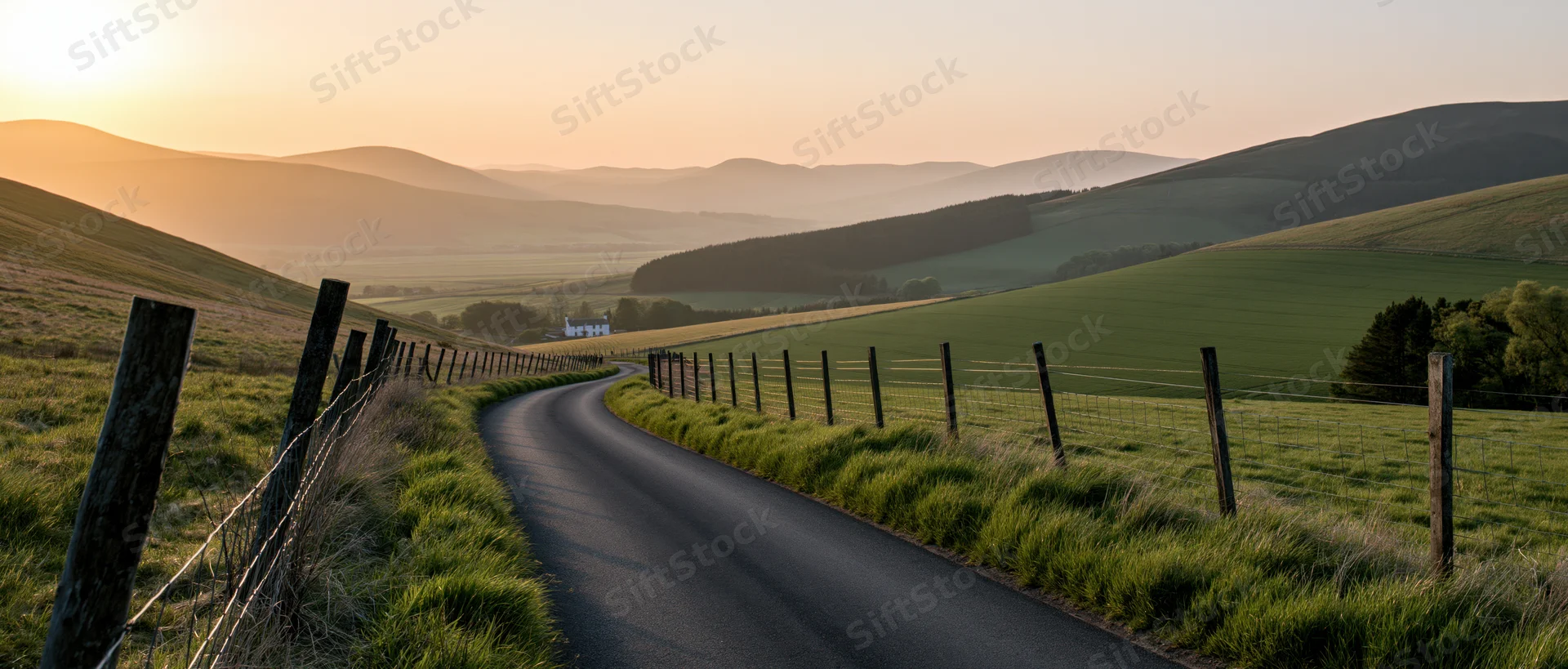 Winding asphalt road through green countryside at sunset with hills and fields on either side