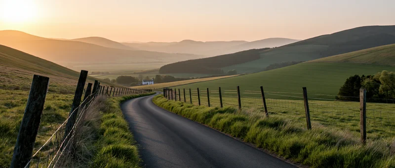 Winding asphalt road through green countryside at sunset with hills and fields on either side