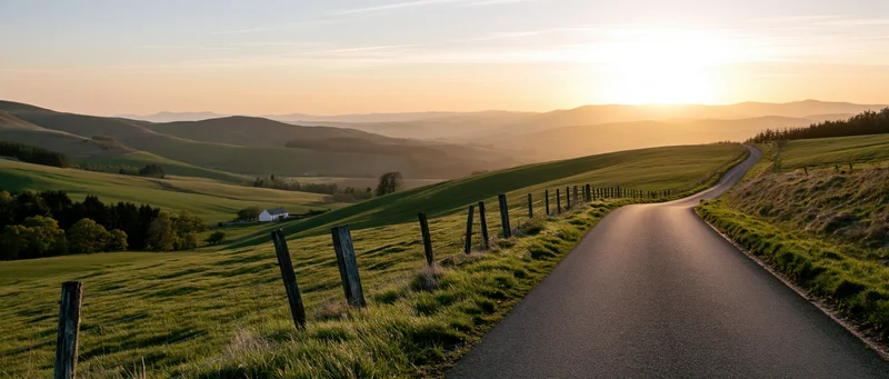 Winding asphalt road through green rolling hills at sunset in rural countryside