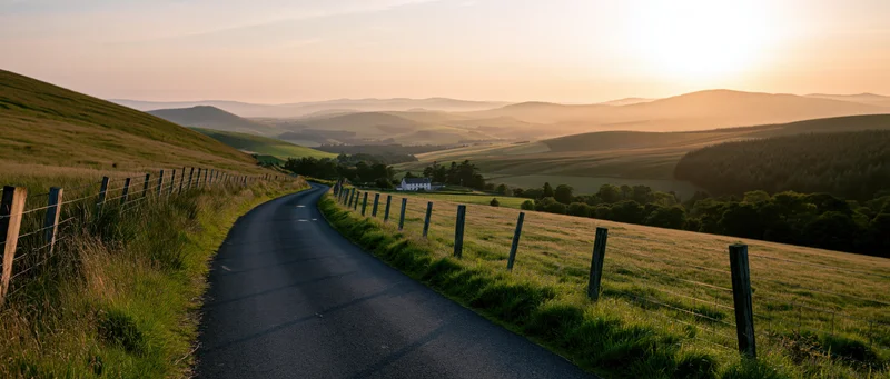 Winding asphalt road through grassy hills at sunset in the Scottish countryside