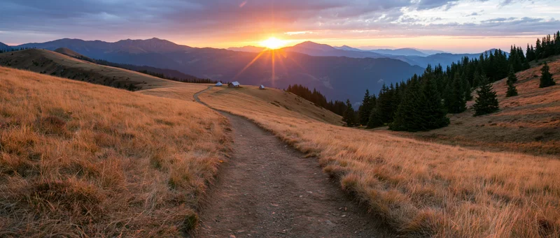 Winding dirt path through golden grassy meadow leading toward distant mountains at sunrise