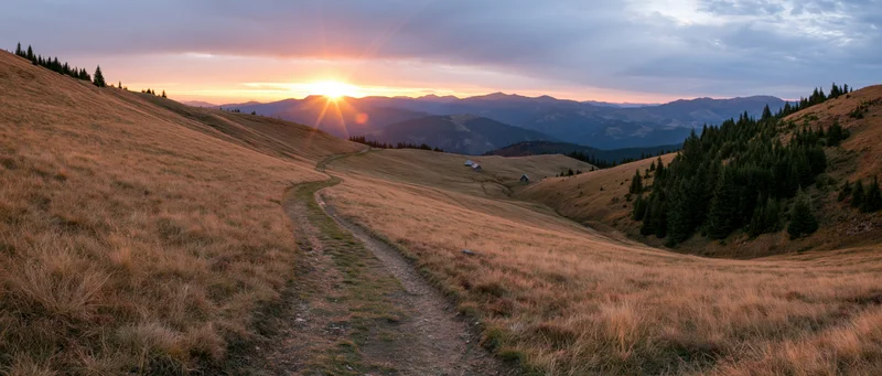 Winding dirt path through golden grassy hills at sunset with distant mountains and forested slopes