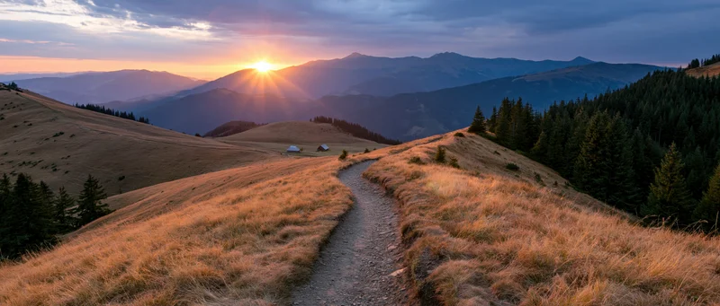 Winding dirt path through golden grassy hills at sunrise with distant mountains and pine forest in background