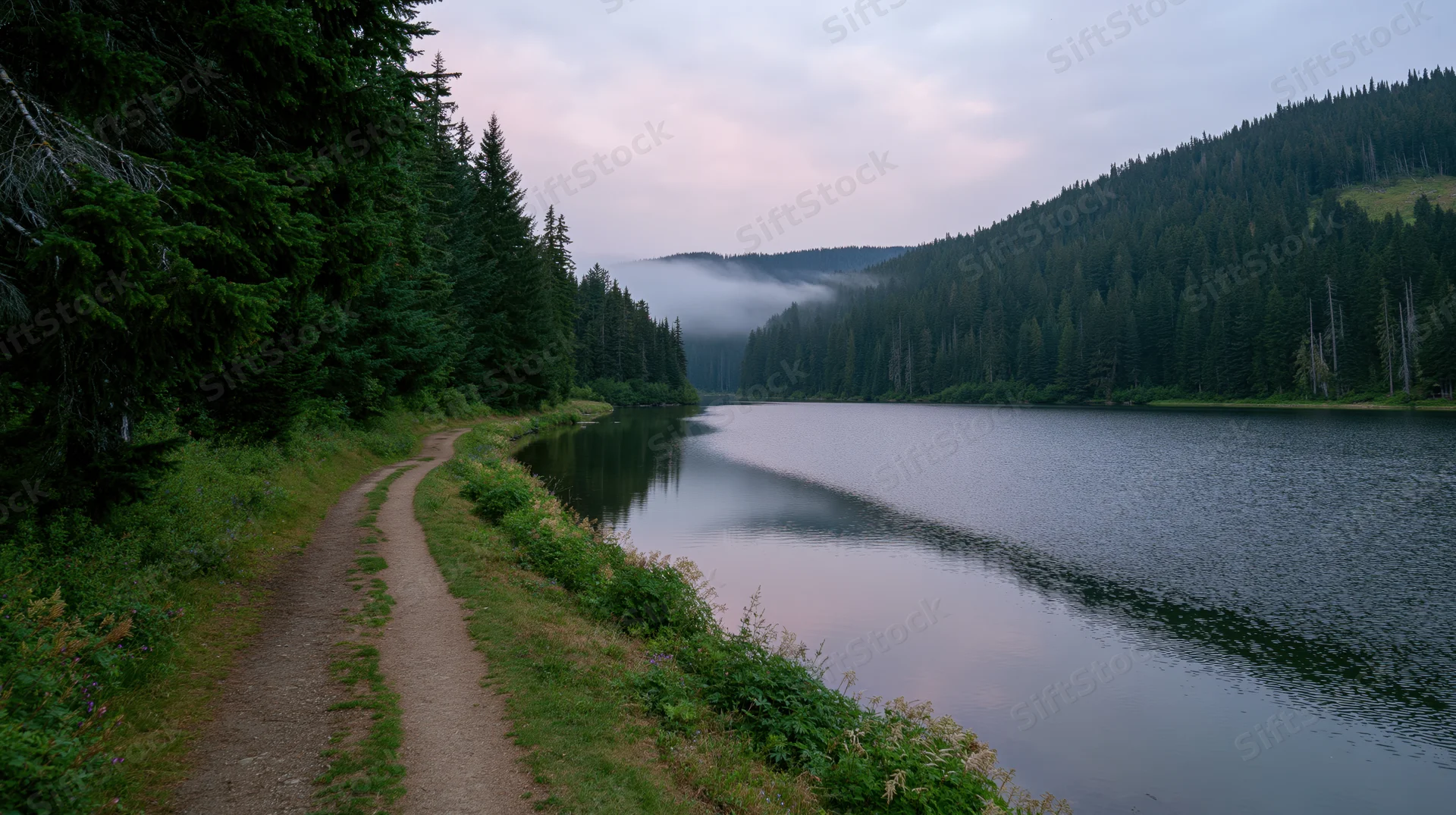 Dirt path winding along calm lake bordered by dense evergreen forest at dusk