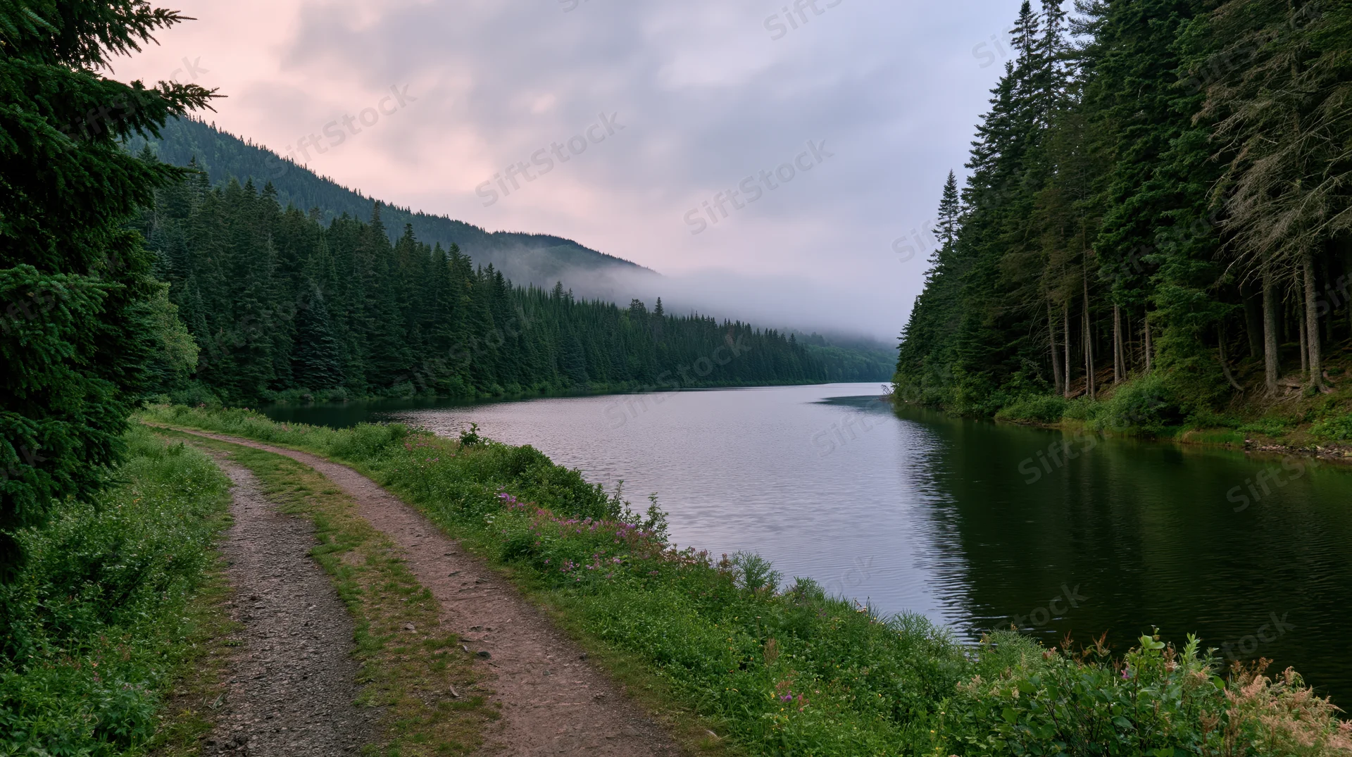 Gravel trail winding along calm lake bordered by dense evergreen forest under misty sky