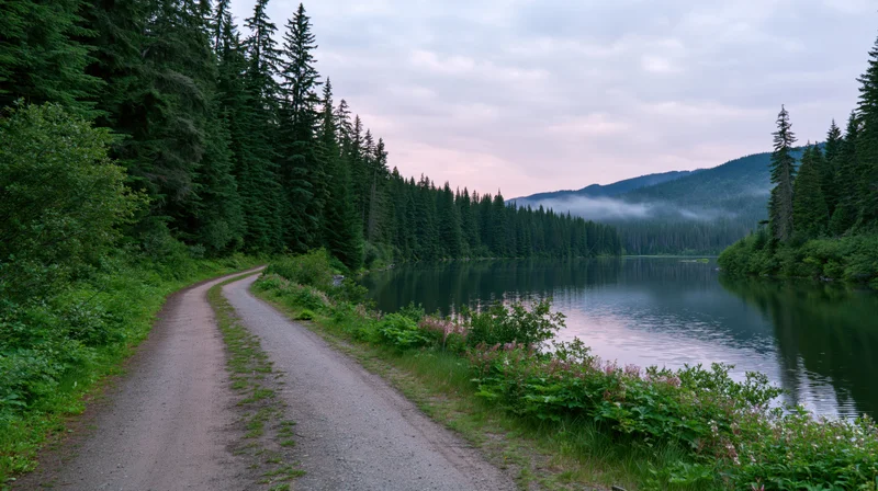 Gravel path winding along a calm lake bordered by dense evergreen forest at dusk