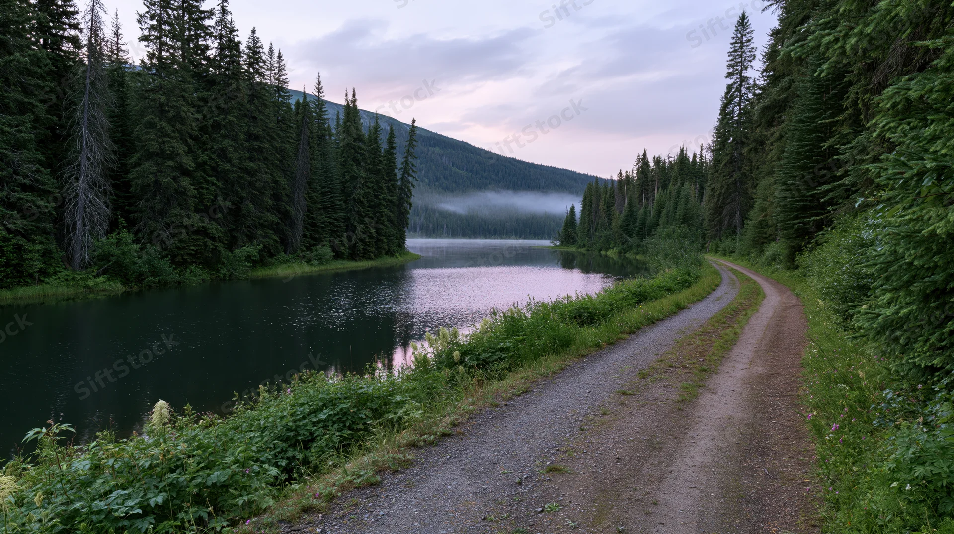 Gravel path winding along a calm lake bordered by dense evergreen forest at dusk