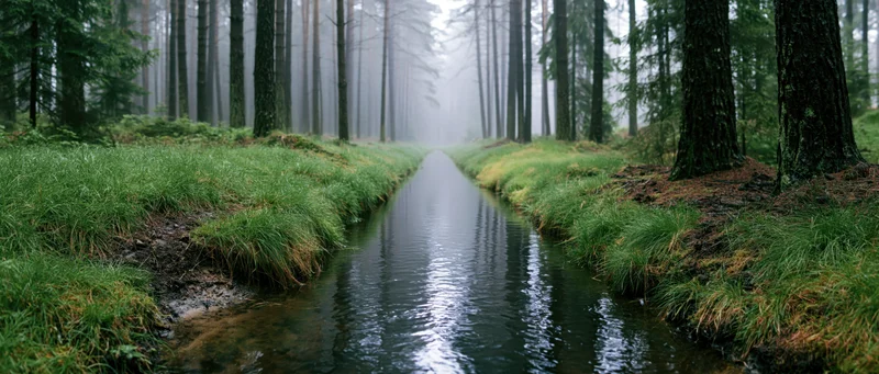 Narrow water channel running through a foggy pine forest with grassy banks and tall trees receding into mist