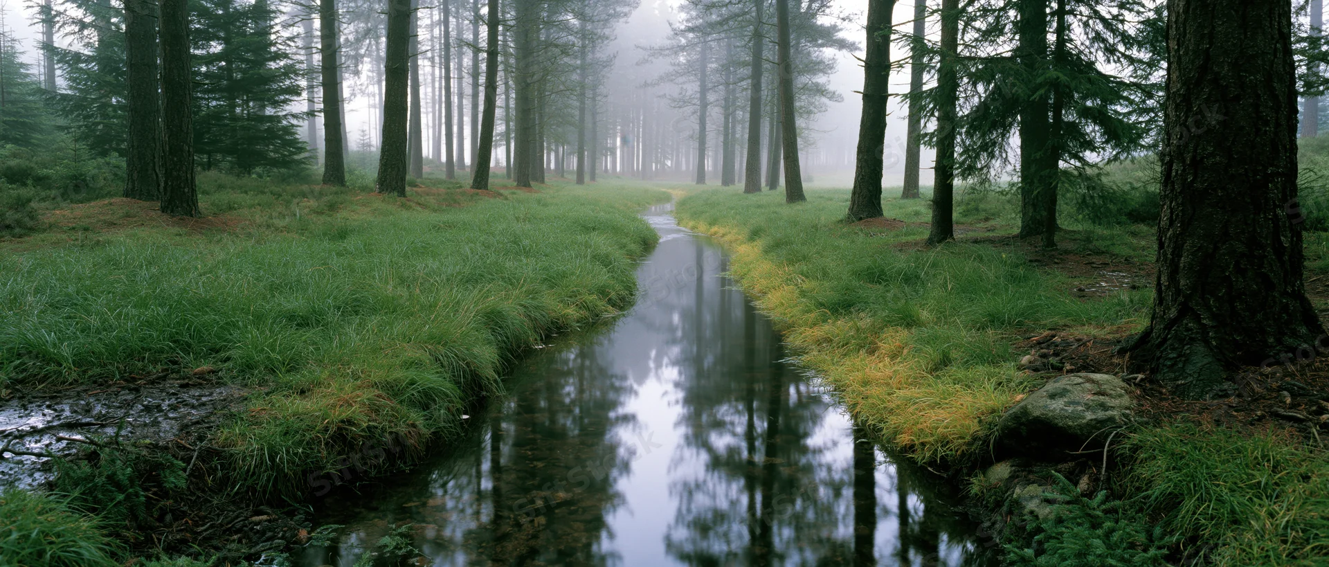 Narrow stream winding through foggy pine forest with grassy banks and tree reflections in calm water