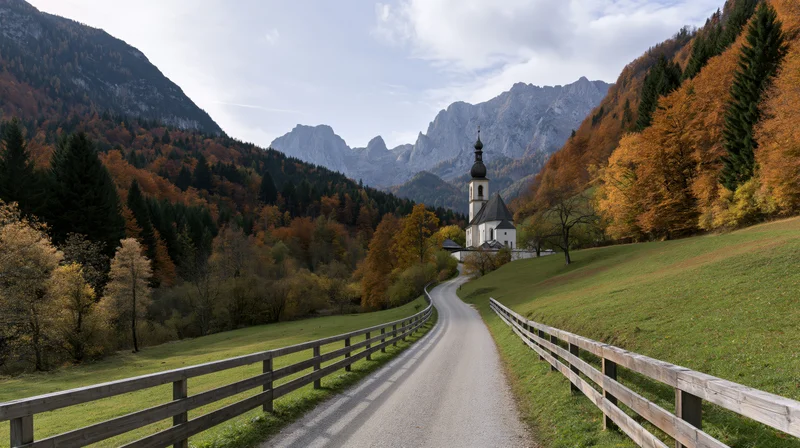 White church with steeple nestled in alpine valley surrounded by autumn forest and mountains, accessed by winding gravel road with wooden fences
