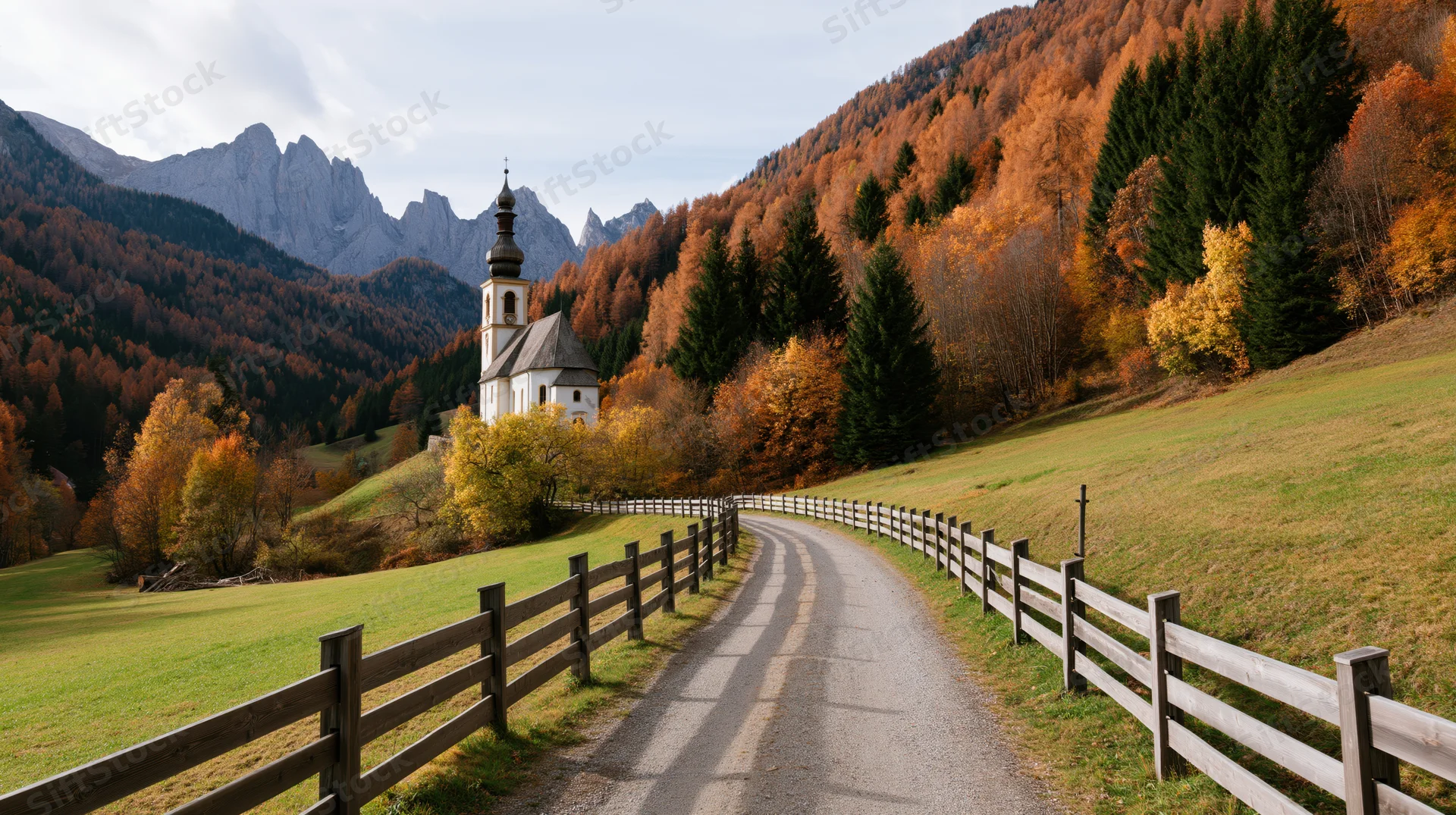 Winding gravel road leading to a white church in an alpine valley surrounded by autumn-colored trees and mountains