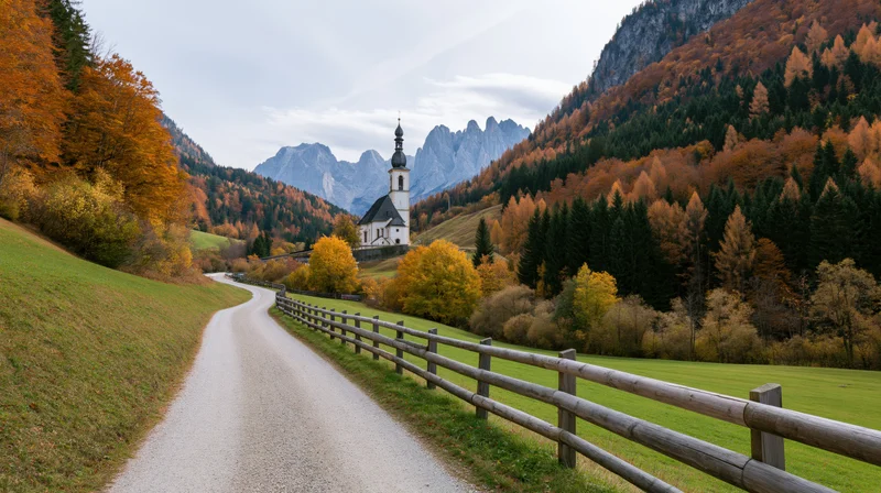 Winding gravel road leading to a white church with a black steeple nestled in an autumnal alpine valley surrounded by colorful trees and mountains