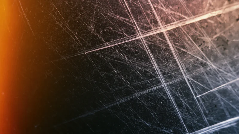 Scratched metal surface with intersecting lines and warm light glow