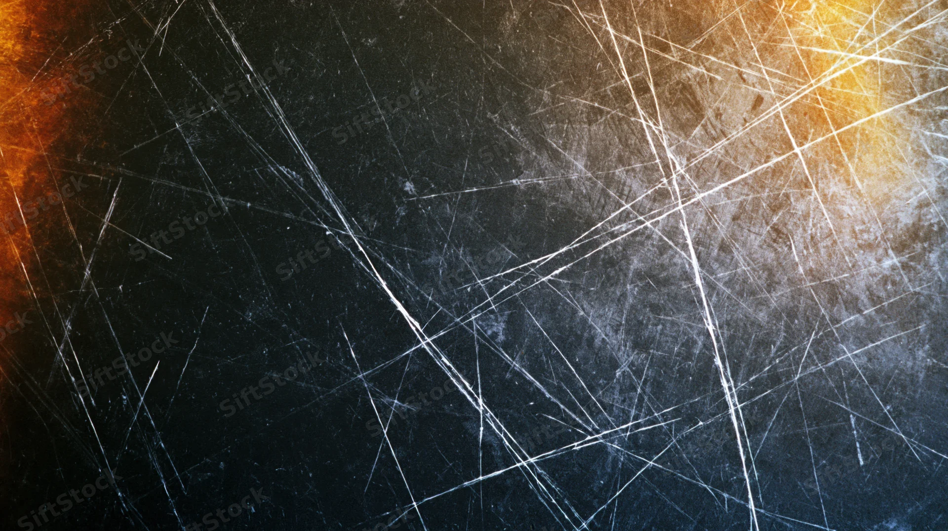 Scratched metal surface with orange glow and white linear marks across dark textured background