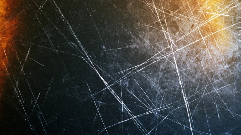 Scratched metal surface with orange glow and white linear marks across dark textured background