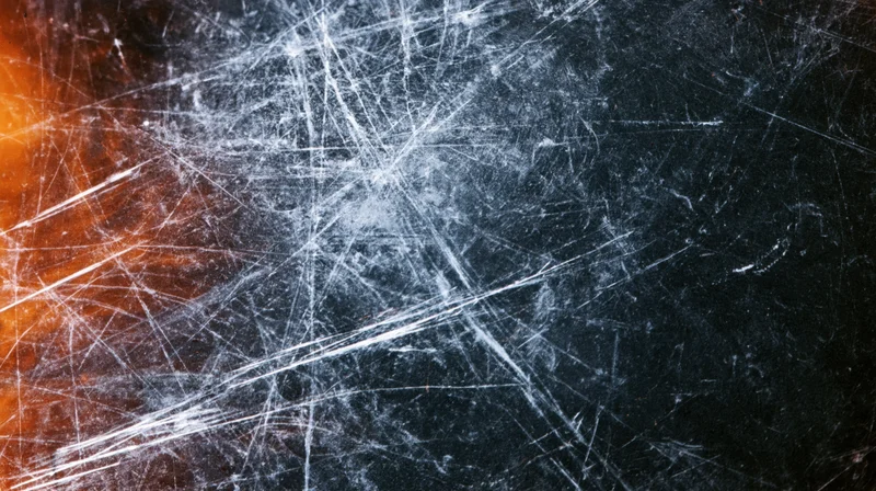 Scratched glass surface with intersecting white lines and orange glow on dark background