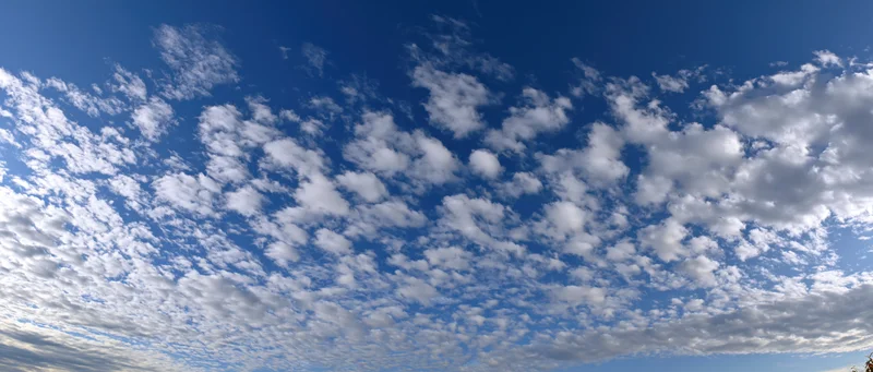 Scattered white cumulus clouds across a deep blue sky in panoramic view