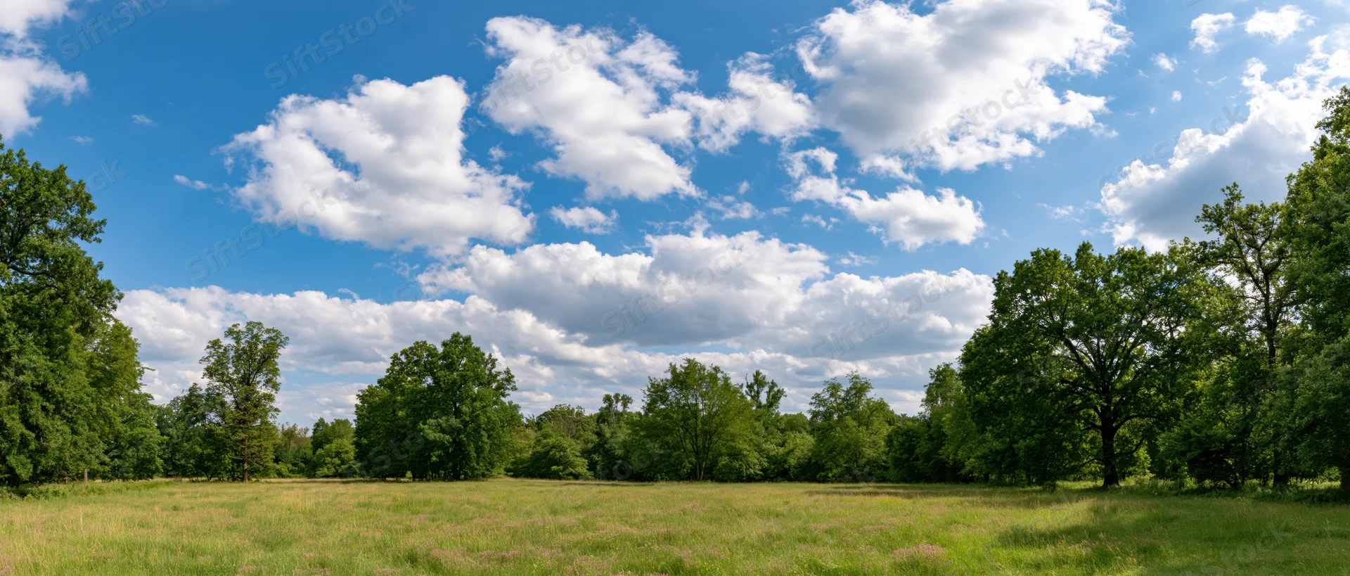 Open grassy meadow bordered by trees under a blue sky with scattered white clouds