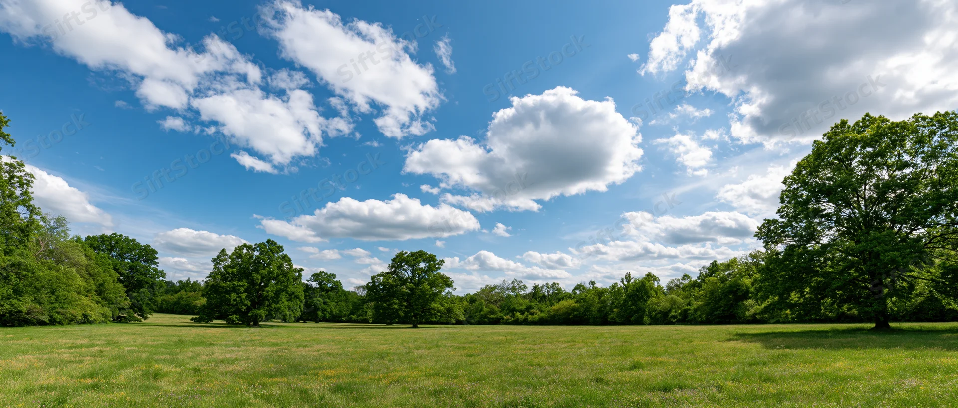 Open grassy field with scattered trees under a blue sky with white clouds