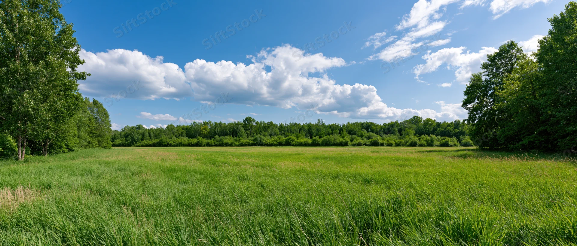 A wide green meadow bordered by trees under a blue sky with scattered white clouds