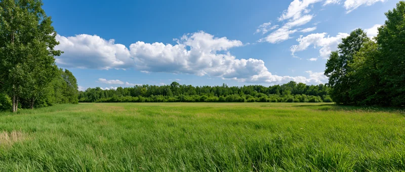 A wide green meadow bordered by trees under a blue sky with scattered white clouds