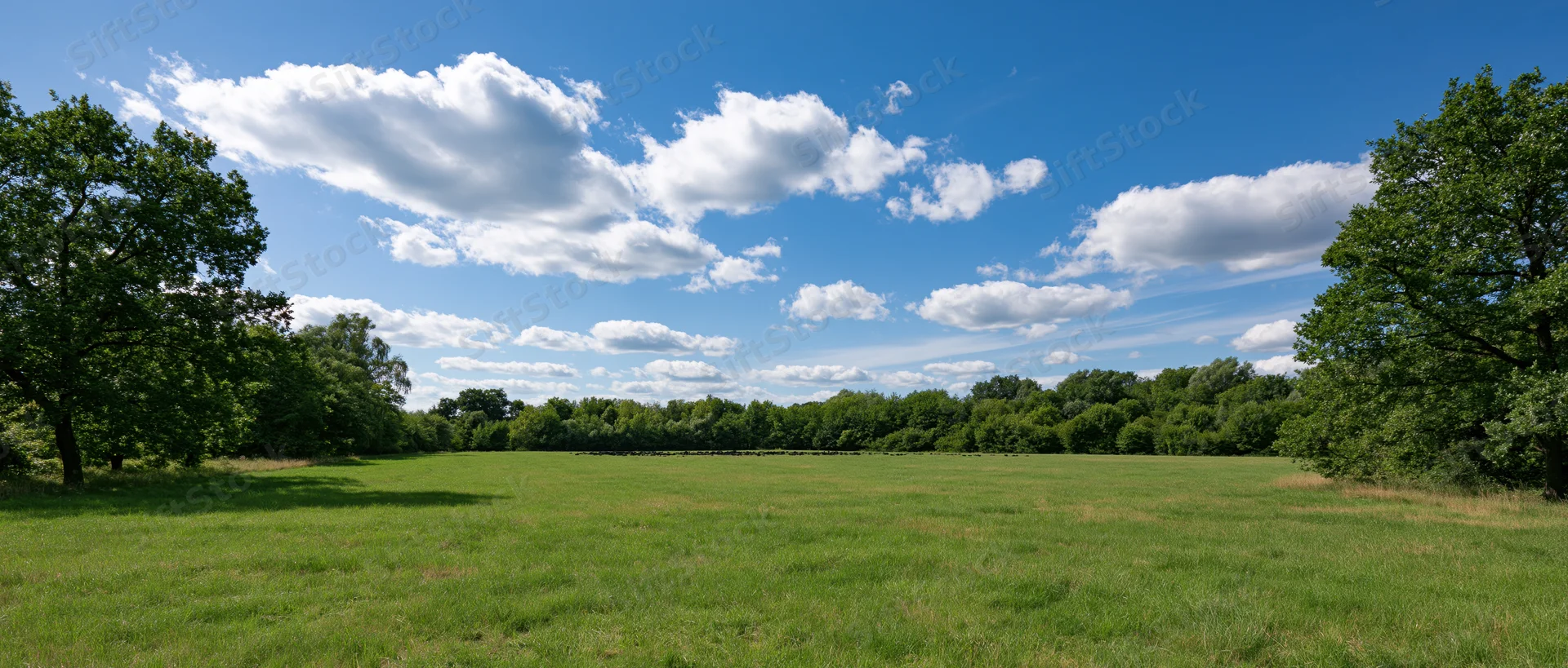 Wide grassy field bordered by trees under a blue sky with scattered clouds