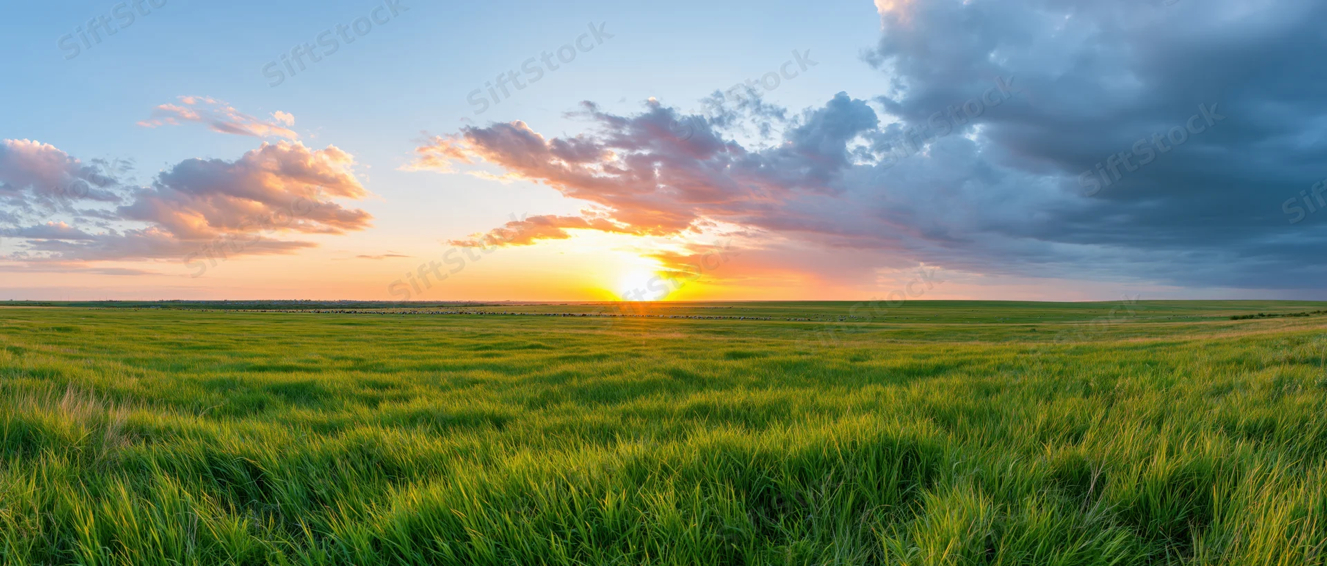 Golden sunset over a vast green grassy field under a cloudy sky