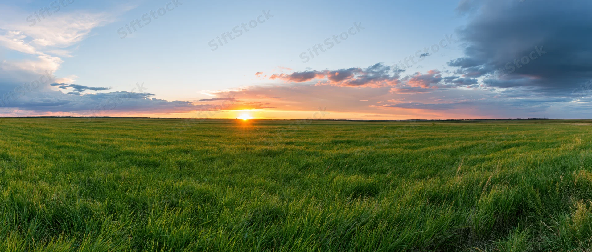 Expansive green grass field under a sunset sky with scattered clouds at horizon