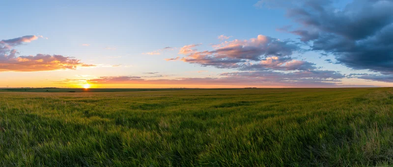 Expansive grass field under a colorful sunset sky at twilight