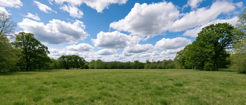 Expansive grassy meadow bordered by trees under a blue sky with scattered white clouds