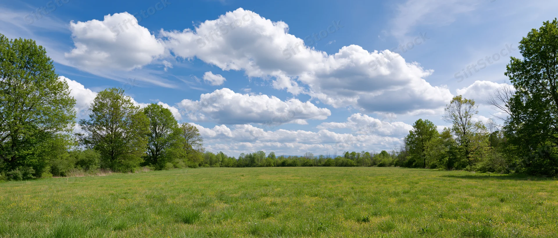 Wide grassy meadow bordered by trees under a blue sky with white clouds