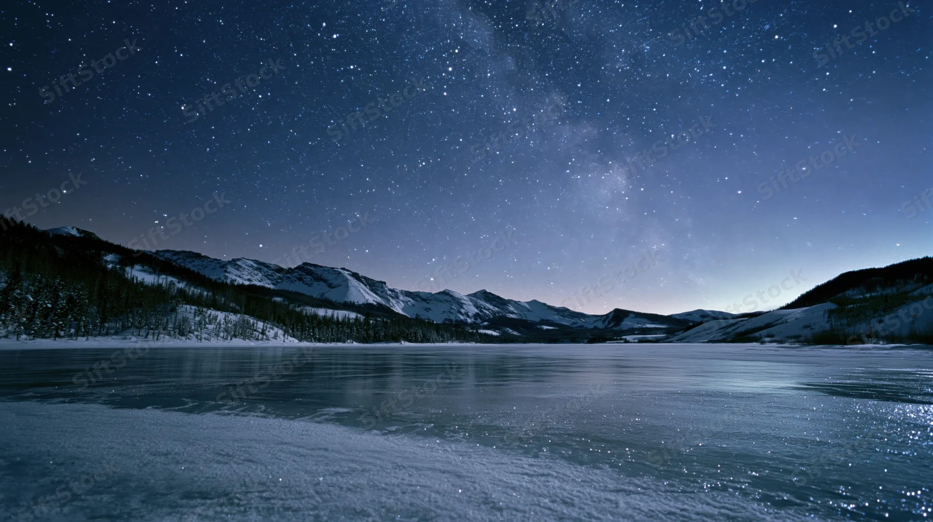 Frozen lake under starry night sky with snow-covered mountains in the distance