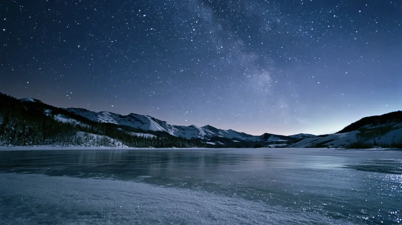 Frozen lake under starry night sky with snow-covered mountains in the distance