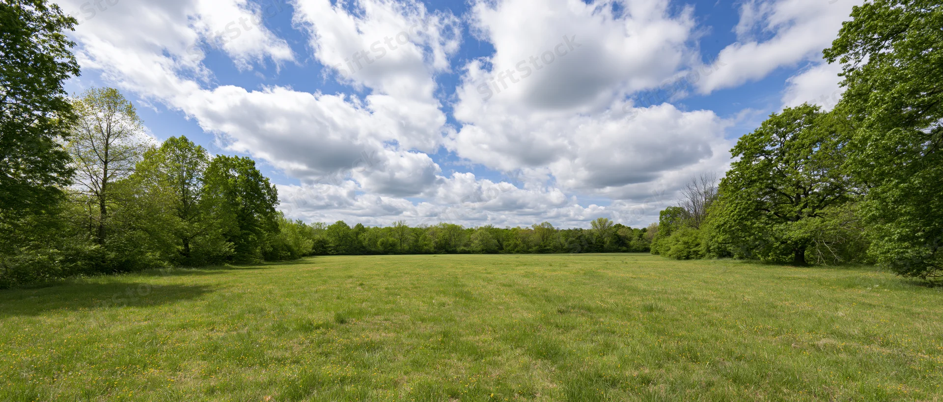Open grassy meadow bordered by trees under a partly cloudy blue sky