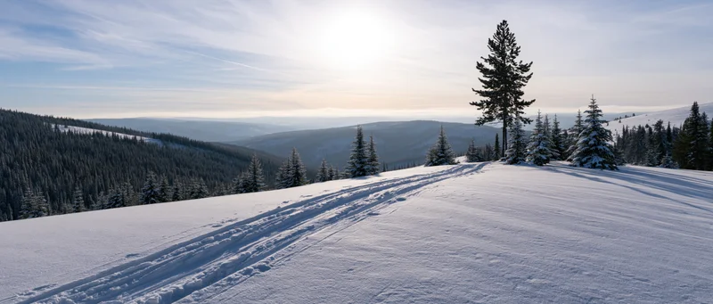 Snow-covered mountain slope with ski tracks and pine trees under clear sky at sunrise