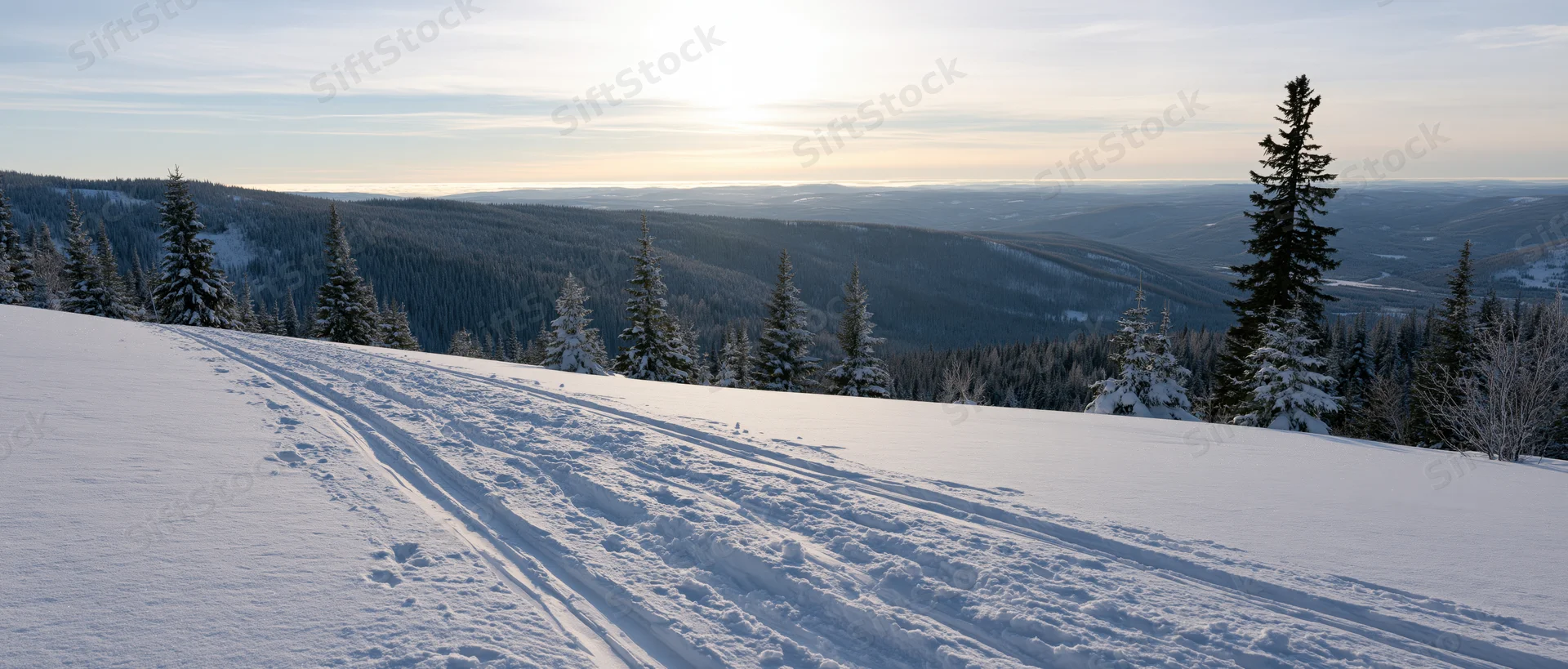 Snow-covered mountain slope with ski tracks and evergreen trees overlooking a valley at dawn